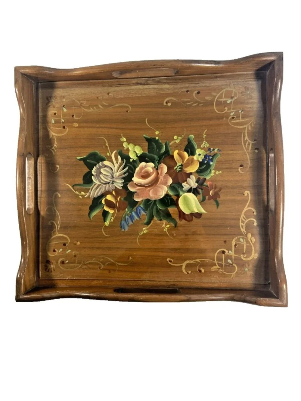 Vintage Wooden Serving Tray 12.5 x 13.75 Hand Painted Floral Scalloped Edges